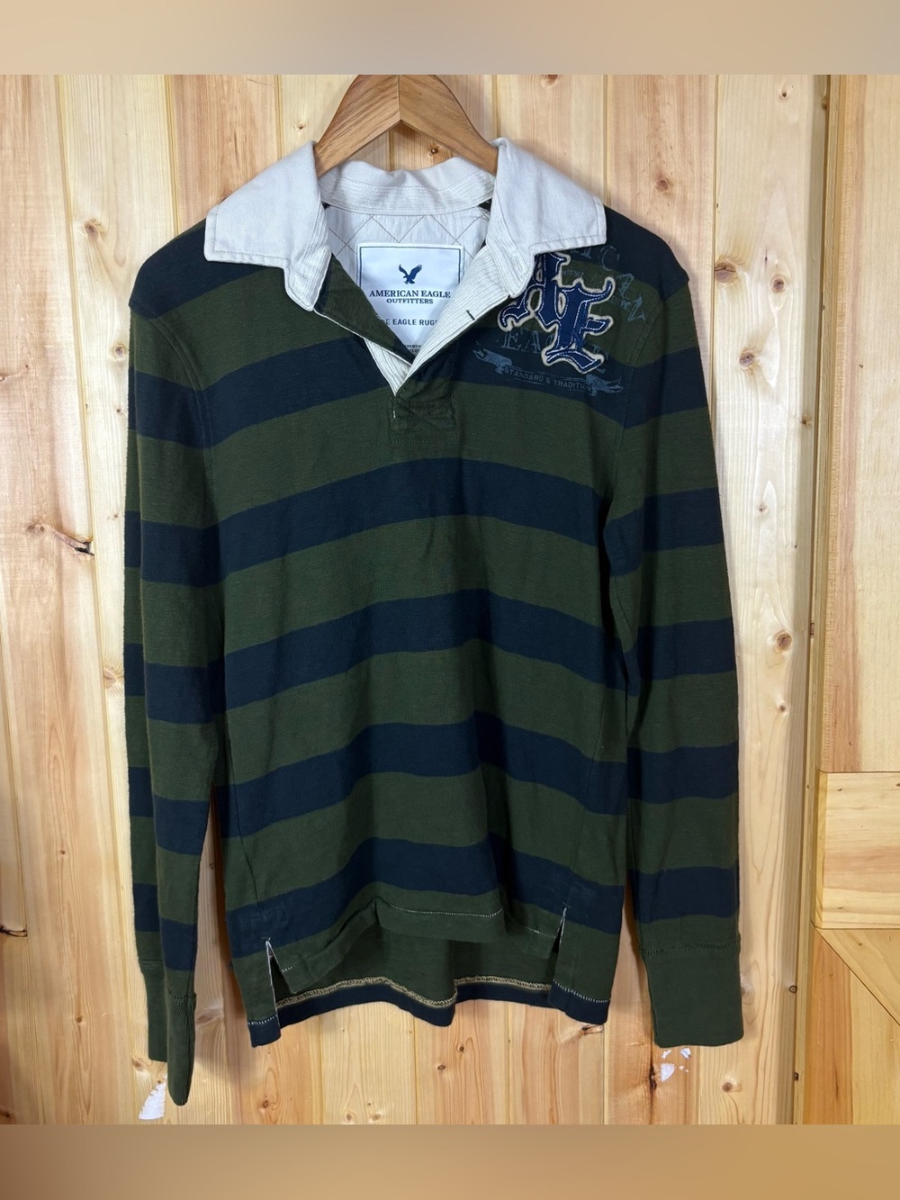 American Eagle Rugby Shirt Men's XS Olive Navy Striped Long Sleeve Y2K Preppy